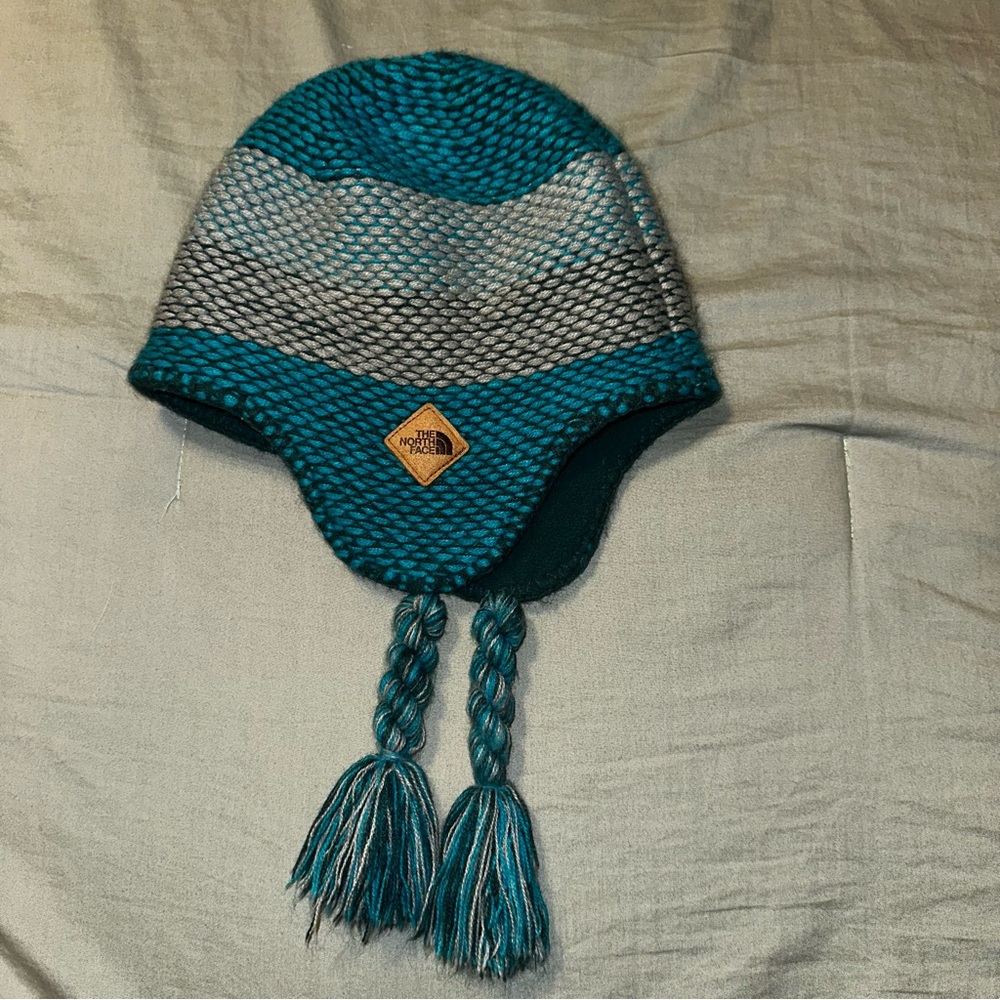The North Face Youth Teal Grey Striped Knit Trapper Hat Earflap Beanie‎ Medium